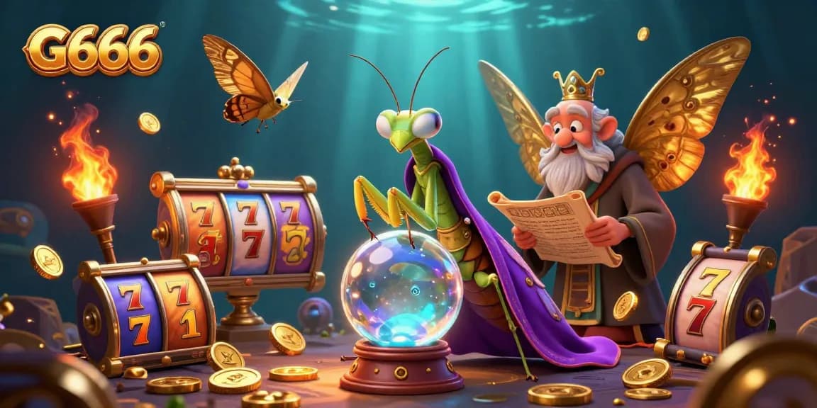 Win big at G666 with vibrant slot reels and charming characters in a mystical casino scene.