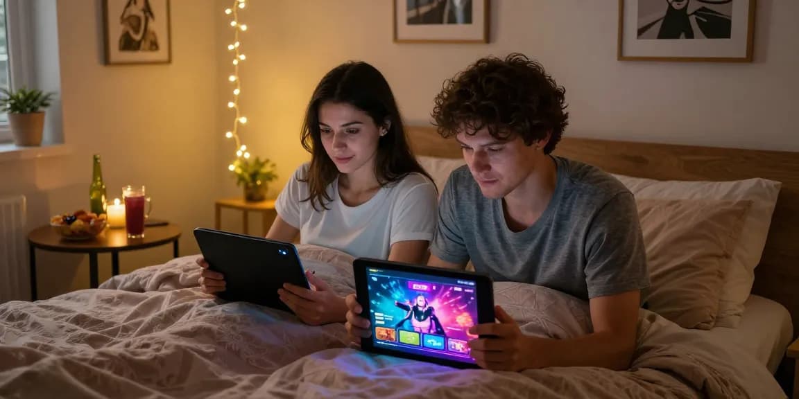 Couple enjoying a sex simulator game in a cozy bedroom atmosphere, showcasing vibrant game interfaces.