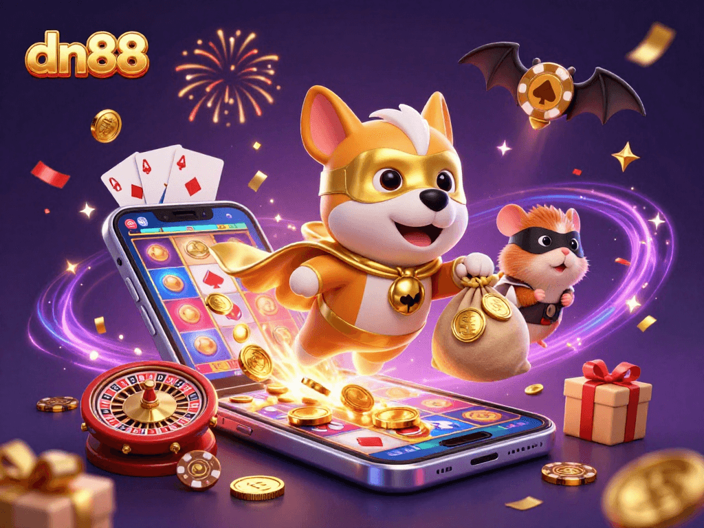 Win big at dn88 with a superhero dog and hamster in a dynamic casino scene.