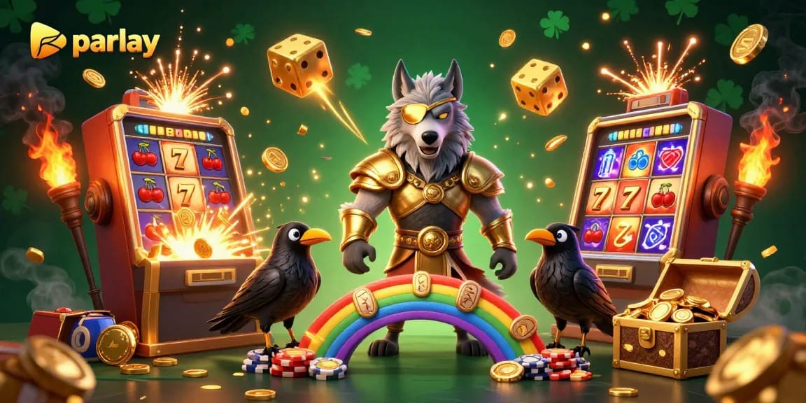 Experience parlay betting excitement with Odin and his ravens before a casino chip bridge.