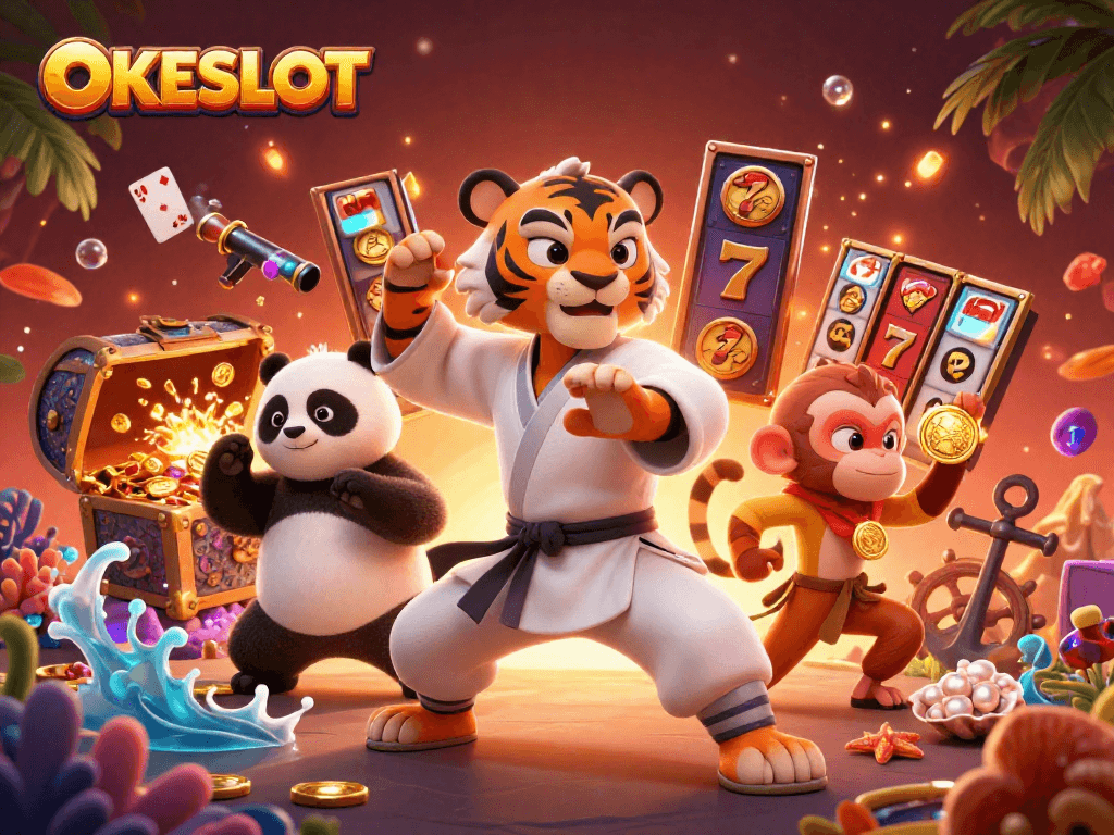 OKESLOT menampilkan petualangan seru di slot dengan karakter unik seperti harimau kung fu dan berbagai simbol judi.