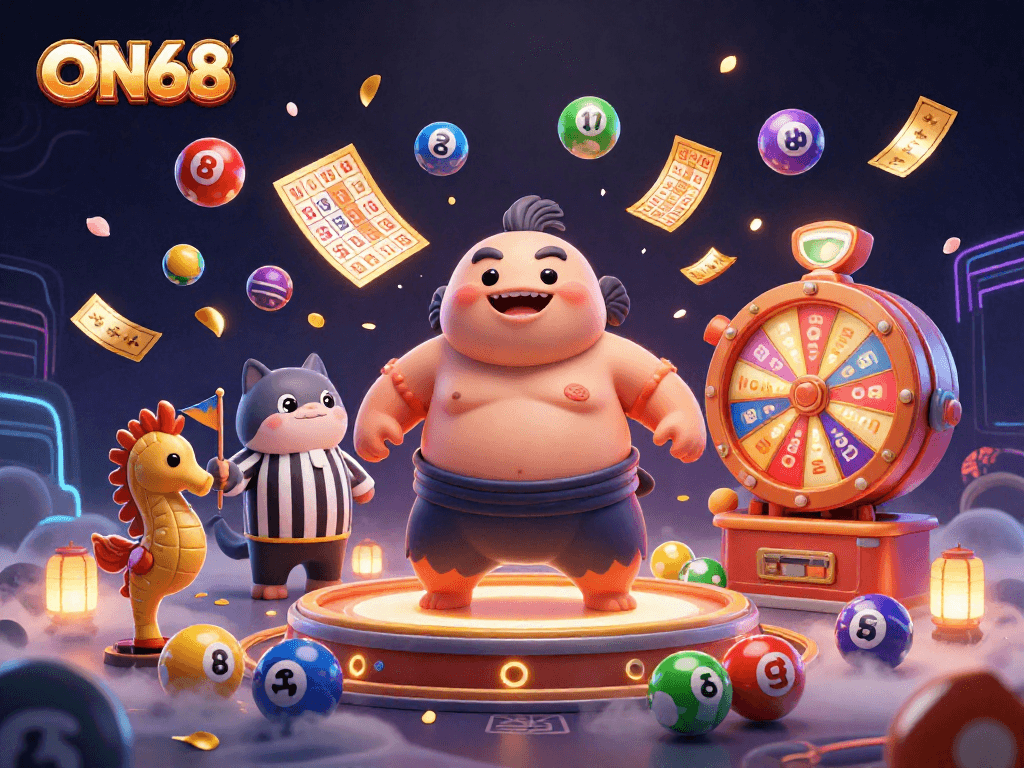 Engage with ON68's dynamic casino world filled with vibrant lottery games and festive characters.