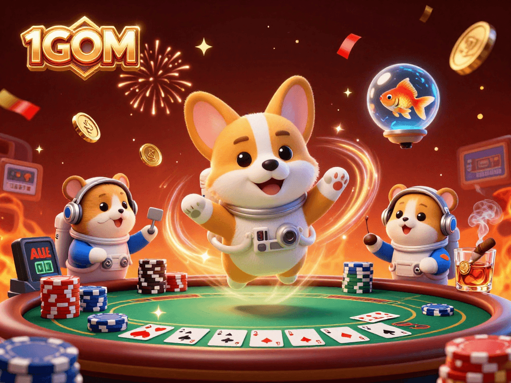 Experience vibrant gaming action at 1GOM with unique characters in an ultra-detailed casino scene.