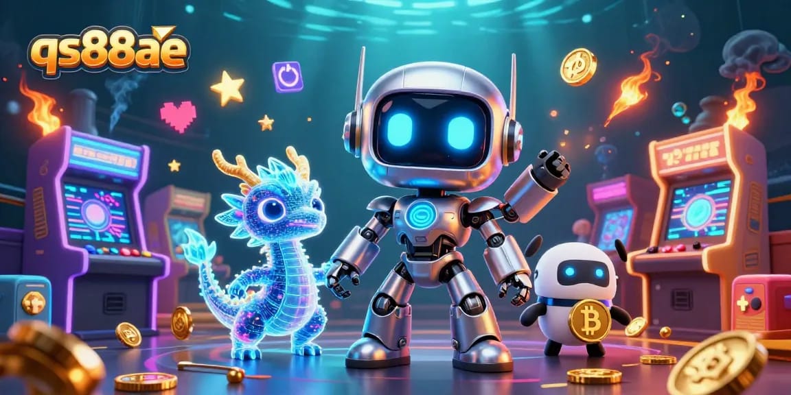 Engage with thrilling games at qs88ae, featuring a neon cyberpunk robot and AI dragon in a vibrant casino scene.