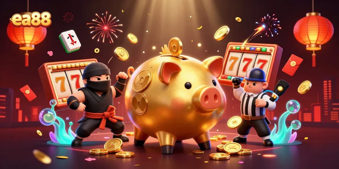Bet on winnings at ea88 featuring a piggy bank sumo wrestler, lucky symbols, and vibrant casino elements.