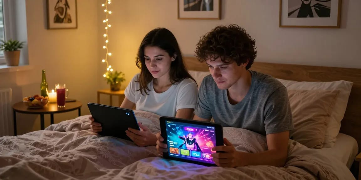 Couple enjoying a sex simulator game in a cozy bedroom atmosphere, showcasing vibrant game interfaces.