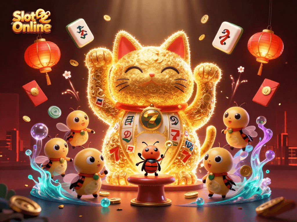 Engage with vibrant Slot Demo Online visuals featuring a dynamic lucky cat and casino symbols.