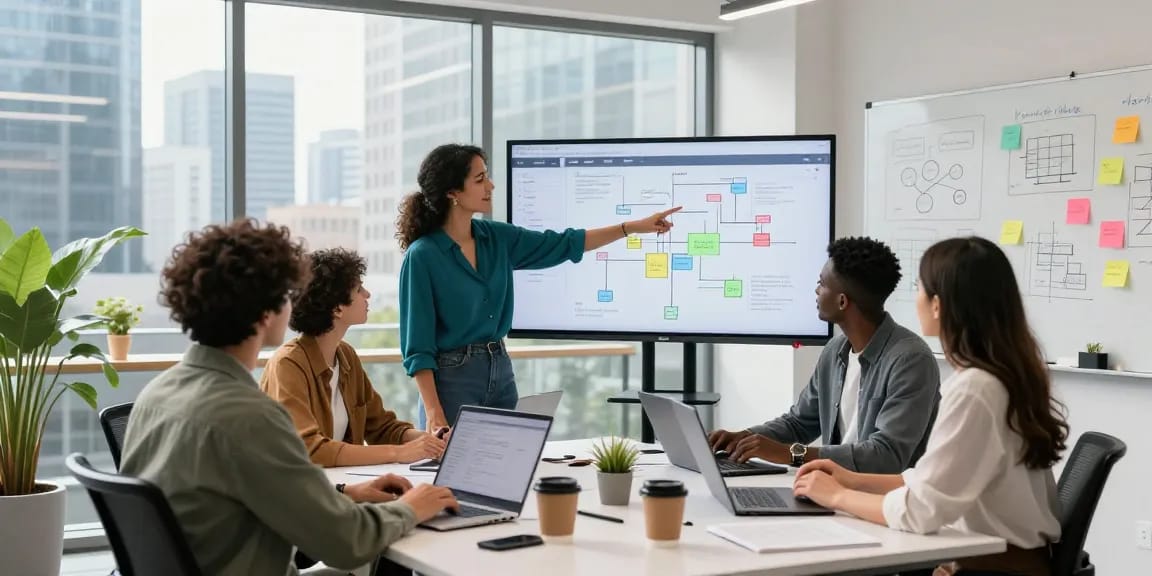 Team collaborating in an innovative workspace showcasing crushon ia software solutions.