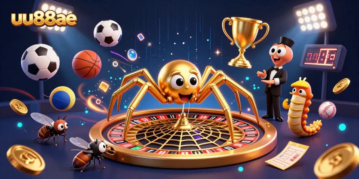 Watch the exciting uu88ae web of bets as a spider spins a roulette wheel with a thrilling backdrop.