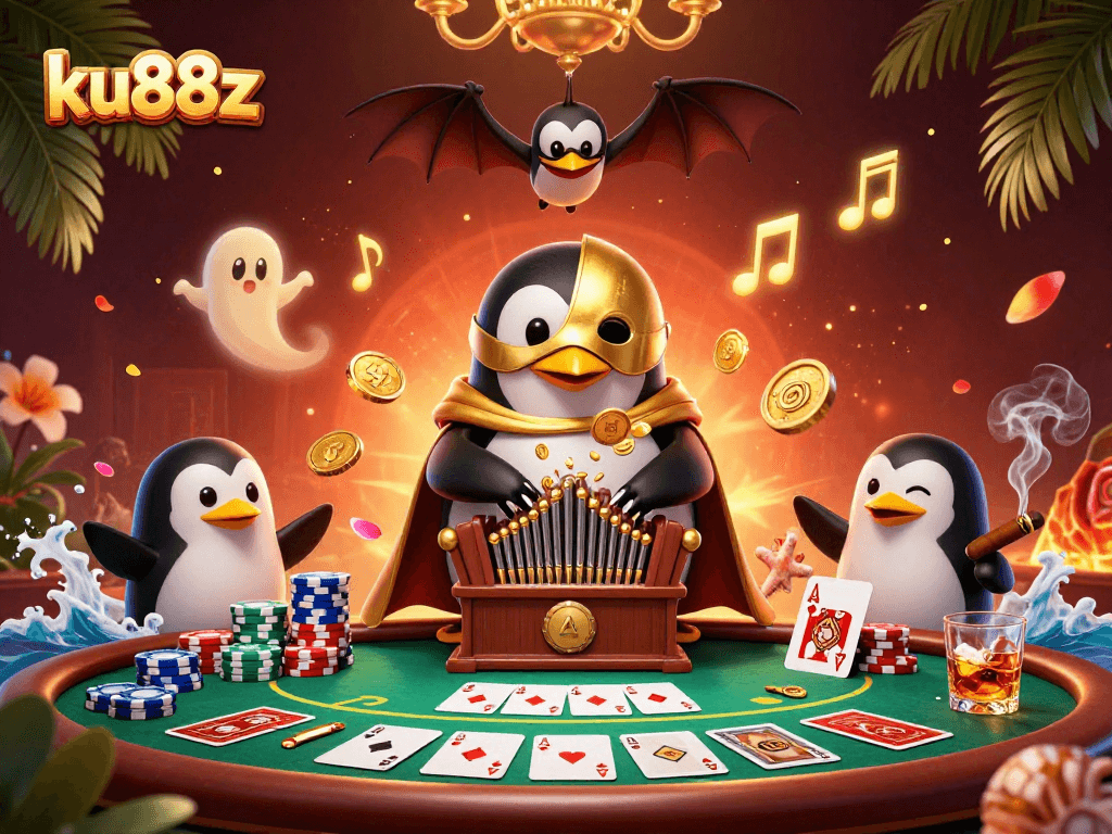 Experience thrilling gameplay at ku88z with vibrant casino scene featuring penguins and poker.