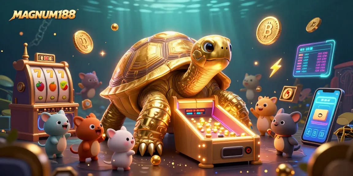 Experience the thrill of MAGNUM188 with this vibrant slot game scene featuring golden tortoise and dynamic elements.