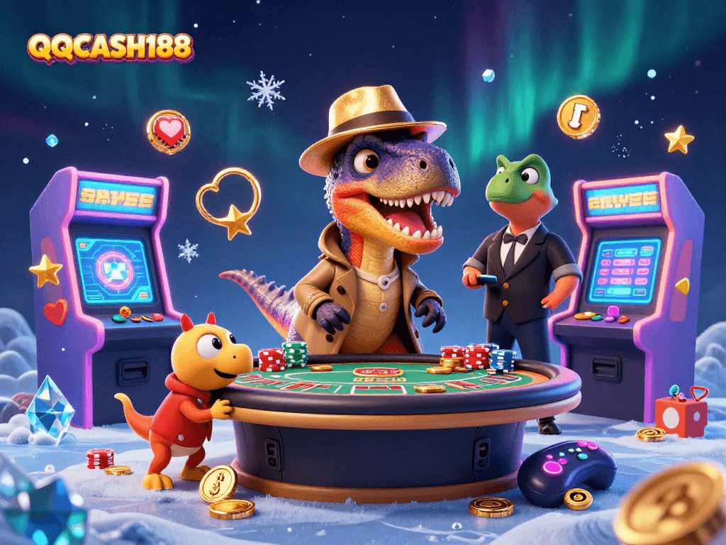 Engage with QQCASH188 in an exciting 3D casino world featuring a velociraptor card counter and vibrant game machines.