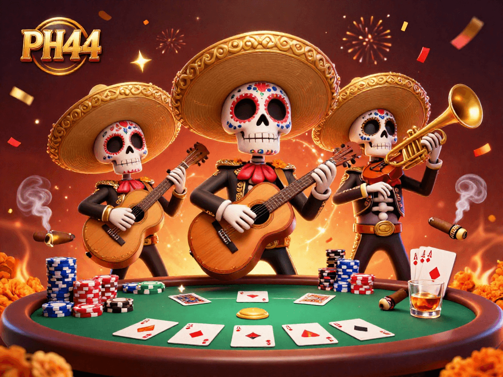 Join the fiesta at PH44's vibrant casino scene where a mariachi band entertains players amidst colorful poker action.