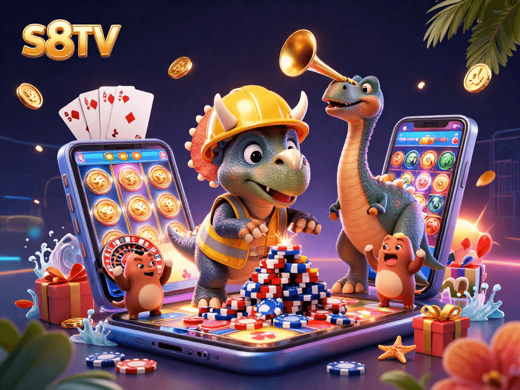 Experience the excitement at S8TV with a vibrant 3D casino scene featuring gaming elements, characters, and celebration.