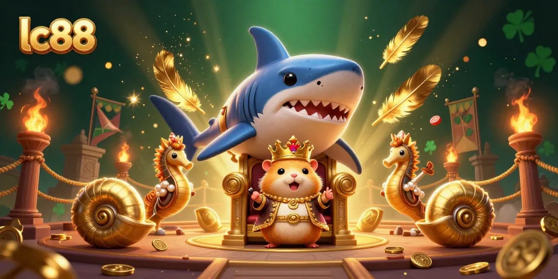 Experience excitement with lc88, a golden hamster king ruling a vibrant casino kingdom amidst swirling gaming elements.