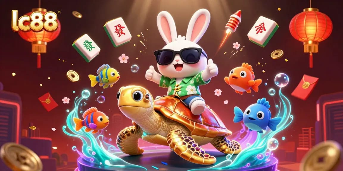 Experience excitement with lc88 as a lucky rabbit and golden turtle celebrate in a vibrant casino scene.