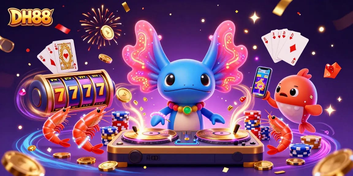 Experience jackpot thrills with DH88's dynamic gaming scene featuring 3D neon characters and dazzling casino elements.
