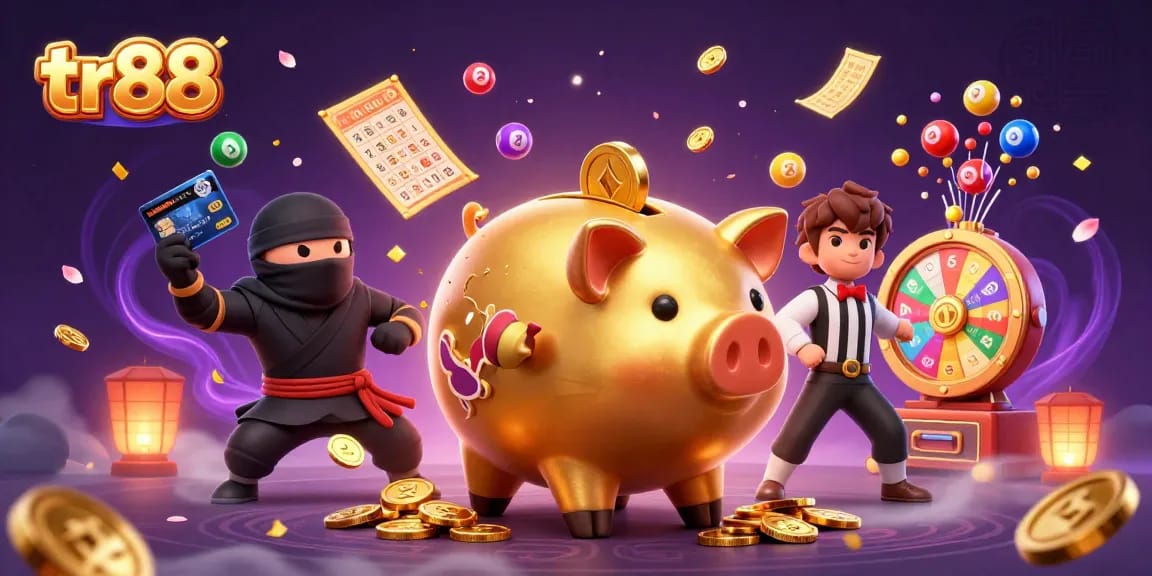 Experience the excitement of tr88 with a dynamic casino-themed illustration featuring competition and vibrant game elements.