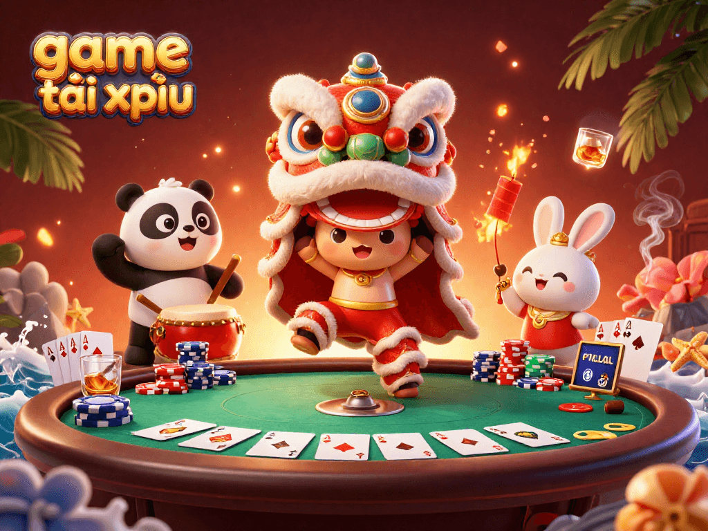Engage players in game tài xỉu with an energetic scene of characters celebrating in a dynamic casino atmosphere.
