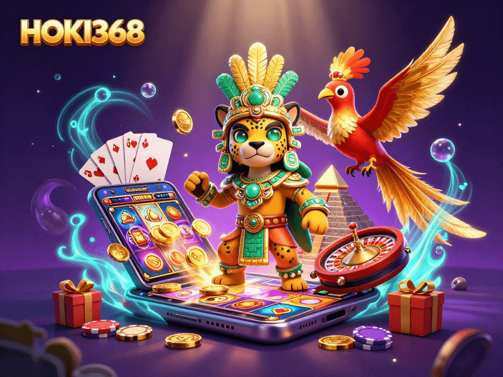 Experience thrilling gameplay at HOKI368 with immersive illustrations of slot games and exciting win opportunities.