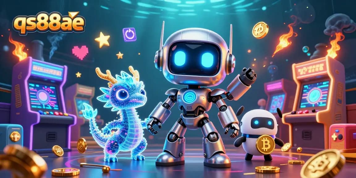 Engage with thrilling games at qs88ae, featuring a neon cyberpunk robot and AI dragon in a vibrant casino scene.