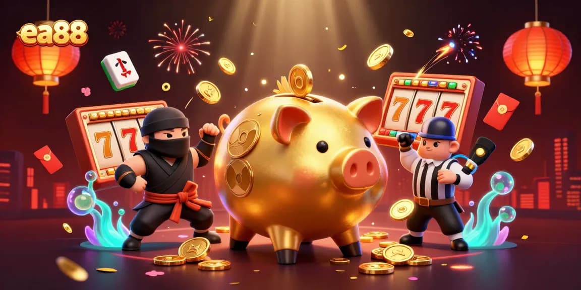 Bet on winnings at ea88 featuring a piggy bank sumo wrestler, lucky symbols, and vibrant casino elements.