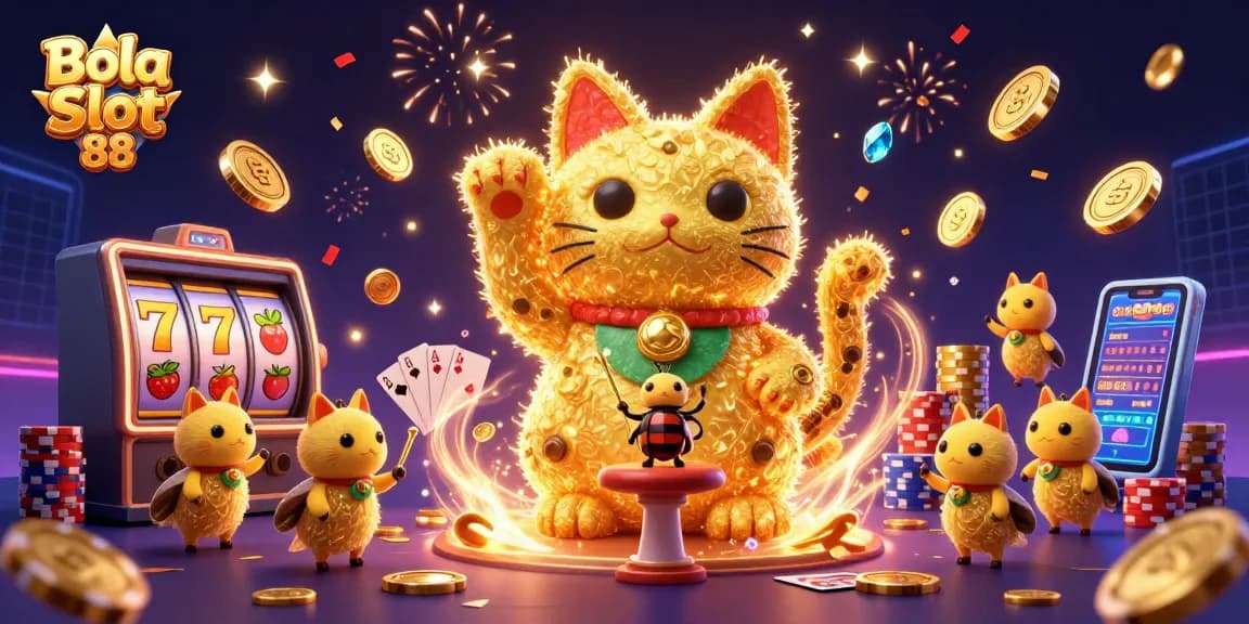 Bola Slot 88 displays a vibrant scene of golden fireflies and casino elements celebrating game wins.