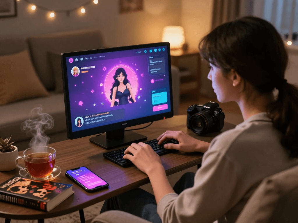 User engaging in an ai porn chat platform, cozy atmosphere with vibrant chat interface.