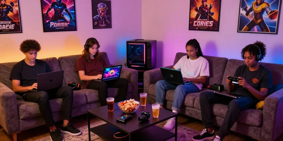 Engaged gamers enjoying trans porn game in a cozy home gaming setup, showcasing interactive screens and colorful décor.