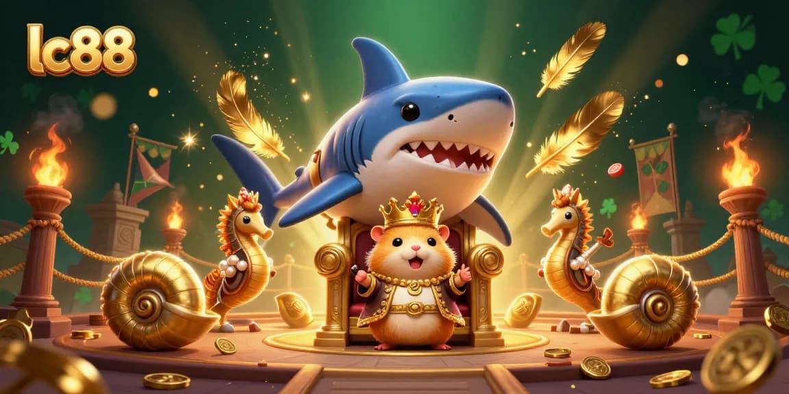 Experience excitement with lc88, a golden hamster king ruling a vibrant casino kingdom amidst swirling gaming elements.