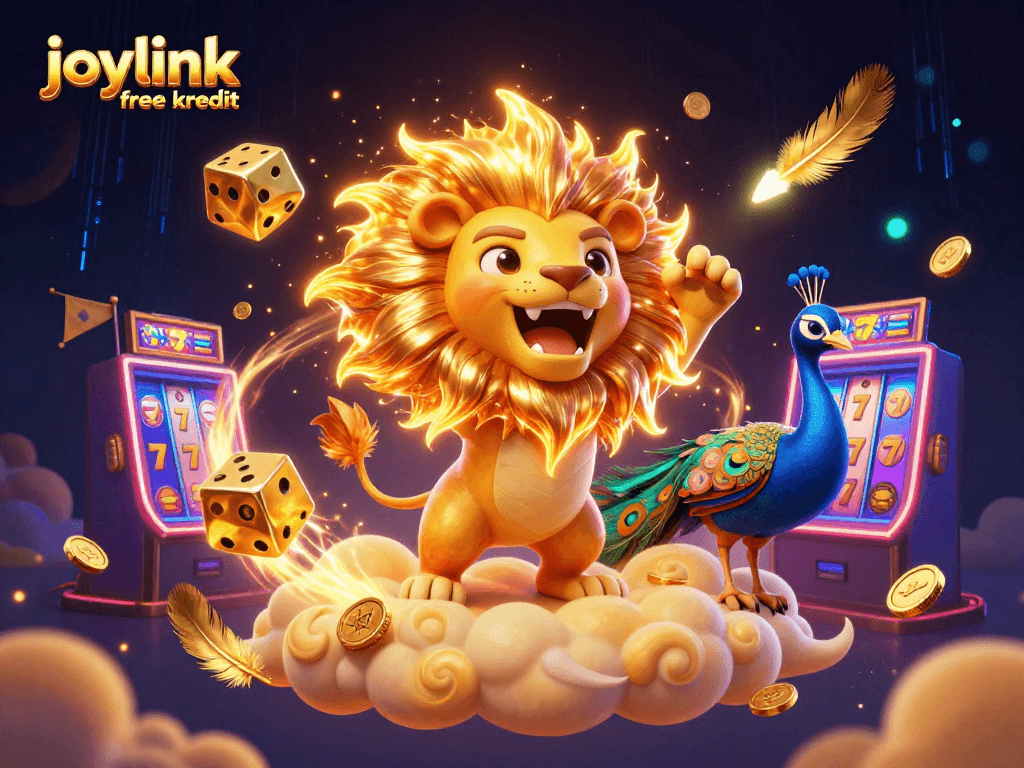 Experience joylink free kredit with a vibrant casino scene featuring a lion, dice, and slot machine.