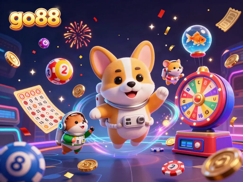 Engage in exciting gaming experiences at go88 with a playful astronaut corgi in a cosmic casino.