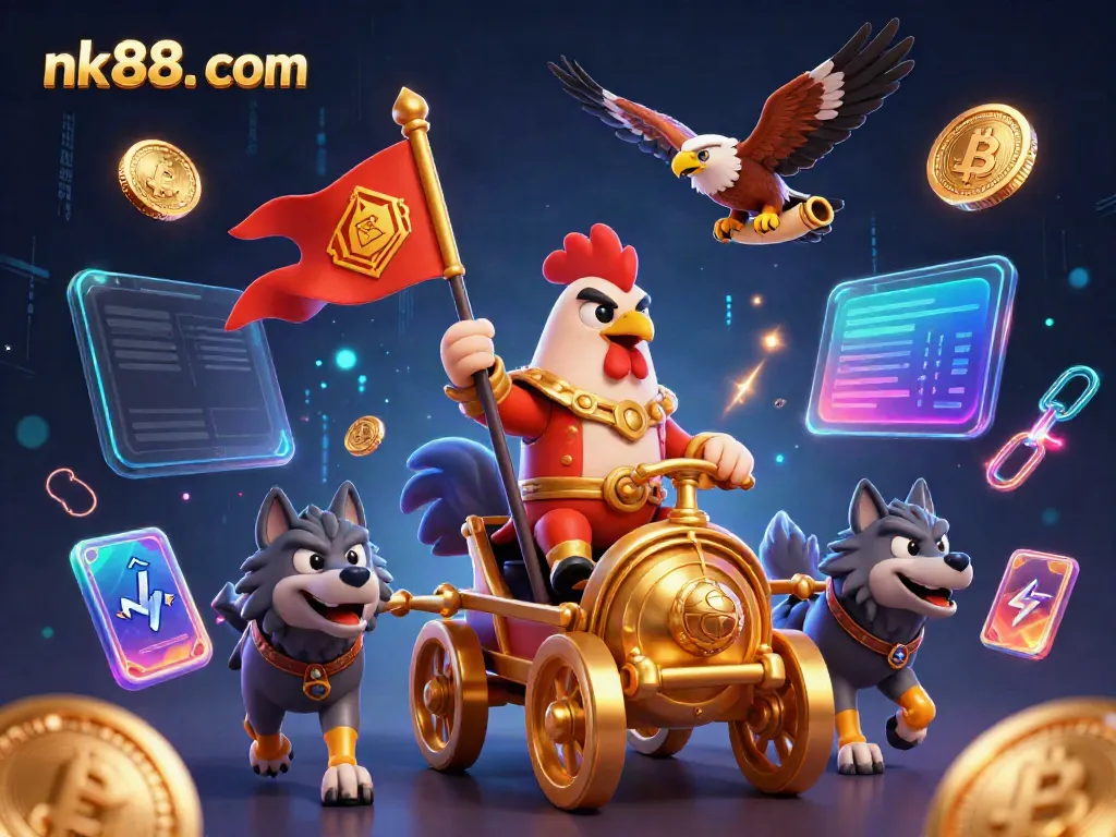 Engage with the exhilarating world of nk88. com where a warlord rooster leads a dynamic chariot scene filled with crypto elements.