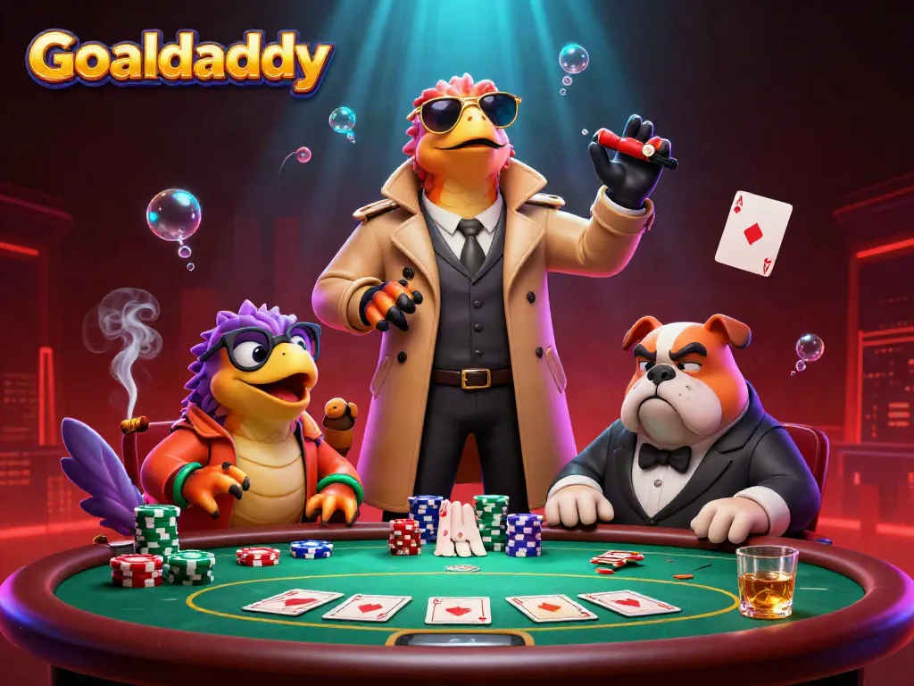 Engage with Goaldaddy's vibrant poker scene featuring raptors in disguise at a VIP lounge.
