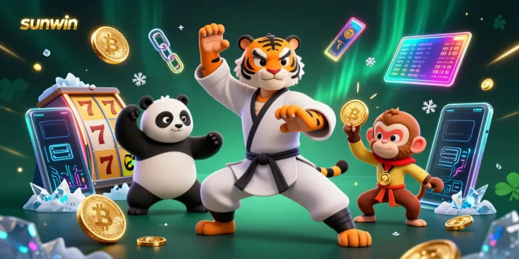 Experience thrilling action at sunwin with a kung fu tiger and friends in a dynamic casino setting.