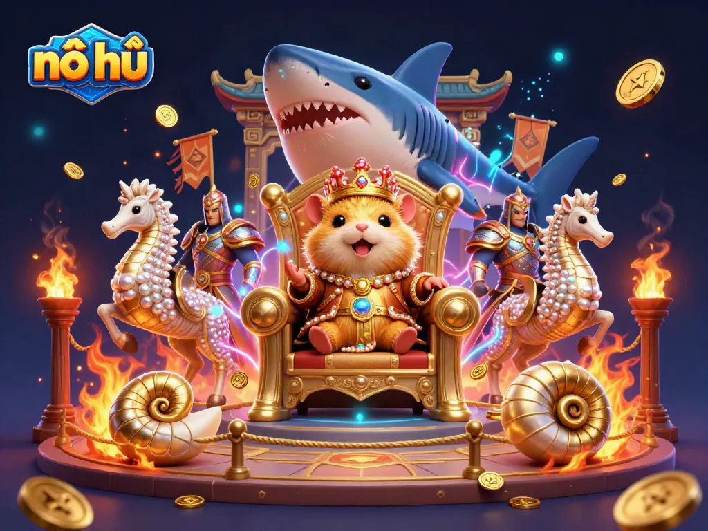 Engage with the exciting nổ hũ scene featuring a fierce hamster king on a megalodon throne surrounded by animated royal sea creatures.