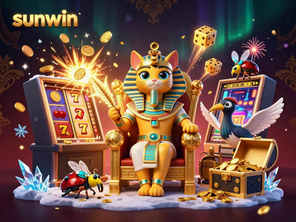 Winning spins at Sunwin's exciting slots with treasures unfolding and pharaohs overseeing.