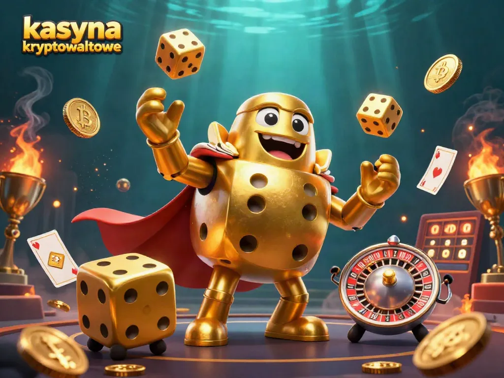 Engage with kasyna kryptowalutowe in a vibrant 3D illustration full of golden dice and blockchain elements.