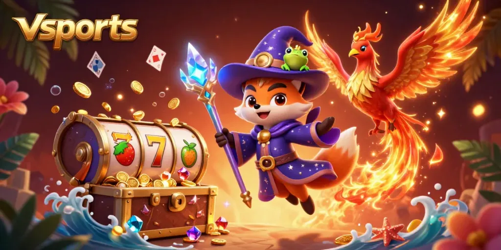 Experience the thrill of vsports through a colorful 3D illustration featuring a wizard fox, phoenix, and casino motifs.