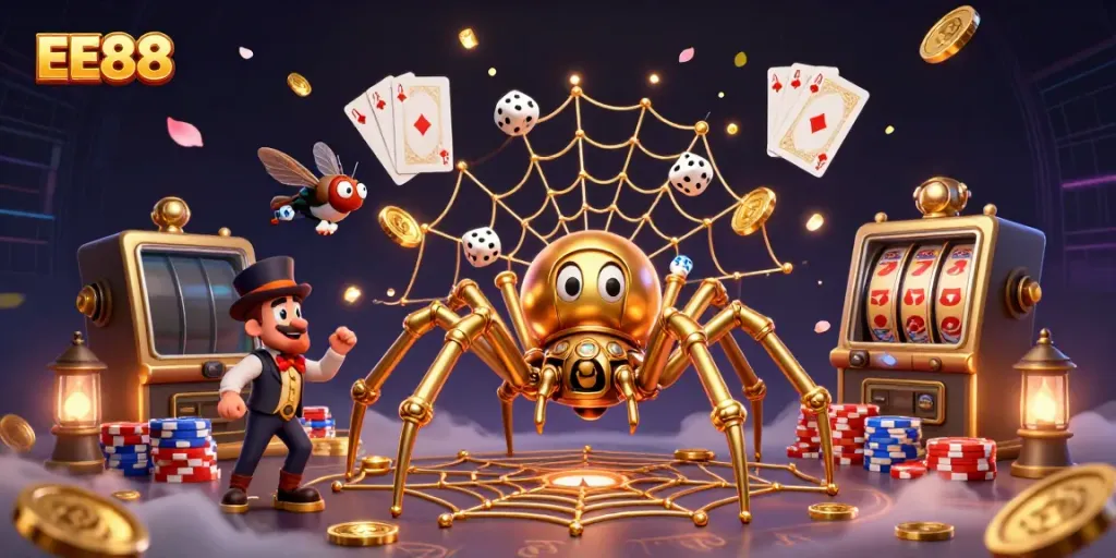 Experience winning thrills at EE88 with dice caught in a golden web and vibrant casino elements.
