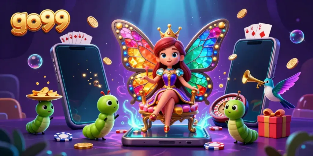 Engage with go99's vibrant and enchanting butterfly queen in a casino-themed fantasy world.