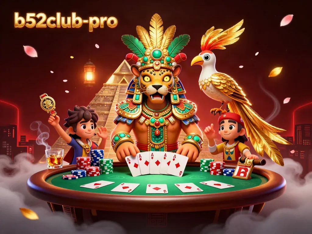 Engage with b52club-pro in an exhilarating casino scene with vibrant characters and poker elements.