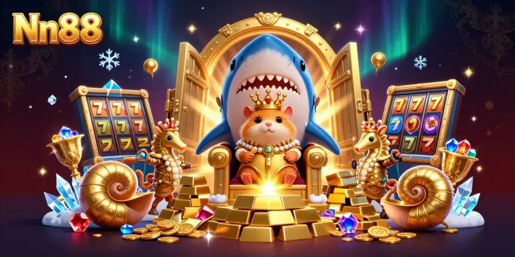 Nn88's vibrant casino scene with a golden hamster king on a shark throne surrounded by treasure.