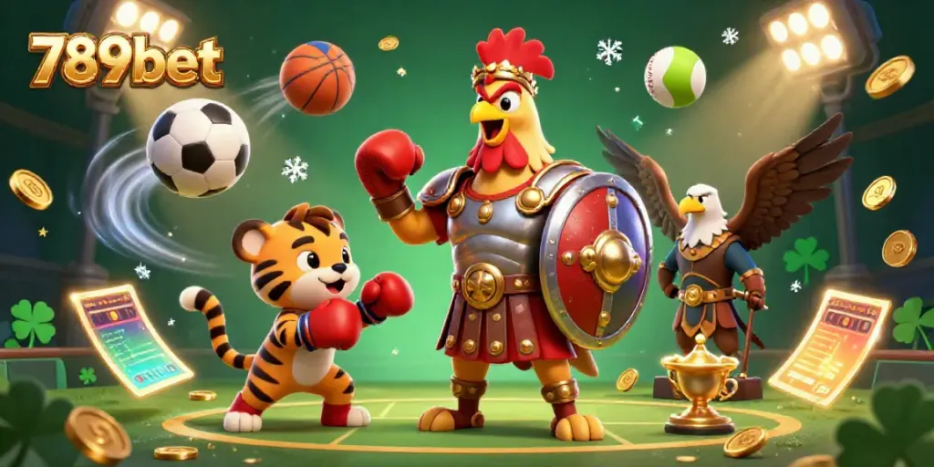 Experience the electrifying gaming world of 789bet with a vibrant casino scene featuring a gladiator rooster and dynamic sports elements.