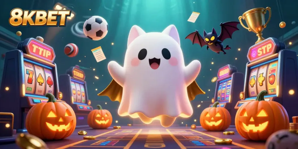 Experience thrilling fun with 8KBET in a vibrant haunted casino scene filled with playful characters and slots.