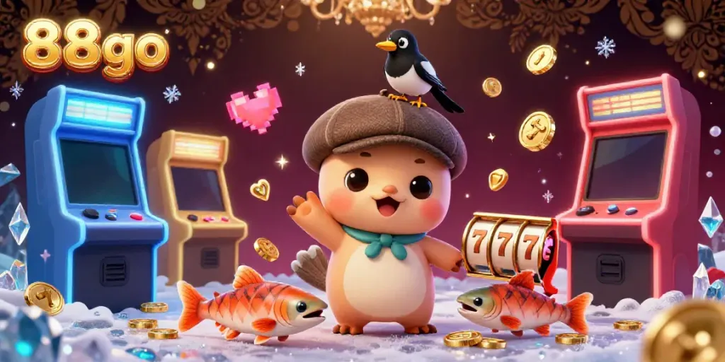 Engage with 88go's playful casino adventure featuring Nessie and friends amidst vibrant slot machines.
