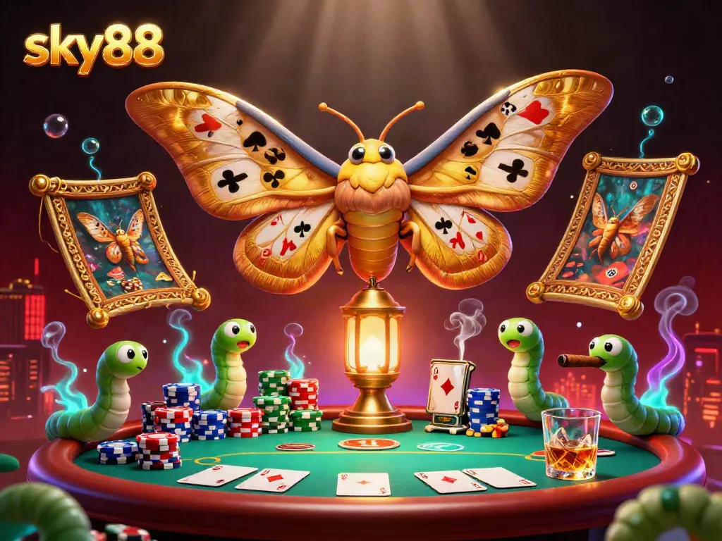 Experience the thrill of sky88 with a vibrant casino scene featuring a gold-wings moth surrounded by poker elements.