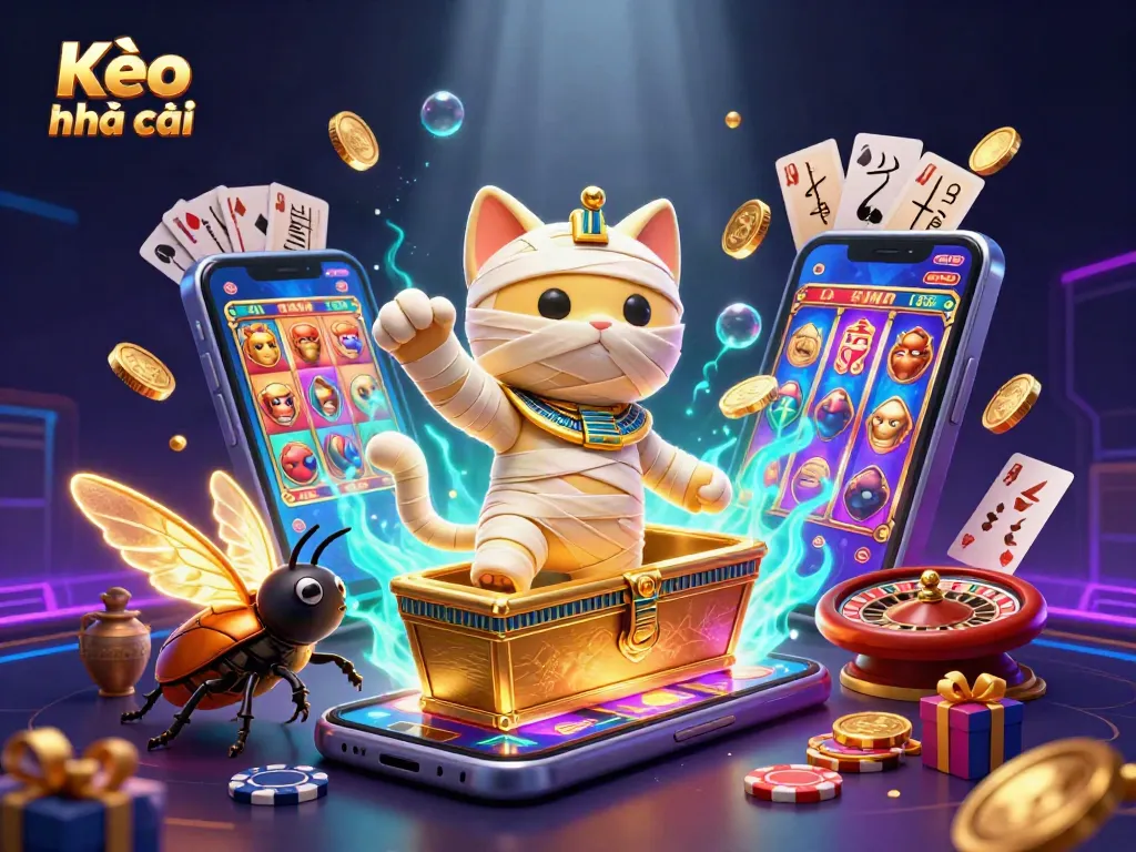 Experience Kèo nhà cái with an animated Egyptian mummy cat and casino elements in vibrant action.