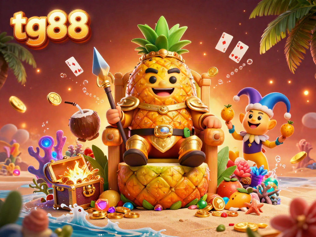Experience thrills with tg88 in a vibrant beach casino scene featuring a golden pineapple king and dynamic elements.