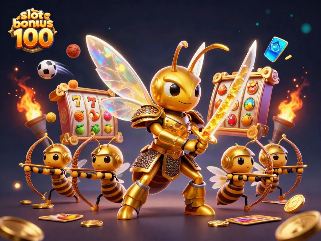 Engage with vibrant slot bonus 100 action featuring colorful 3D slot reels, golden elements, and dynamic characters.